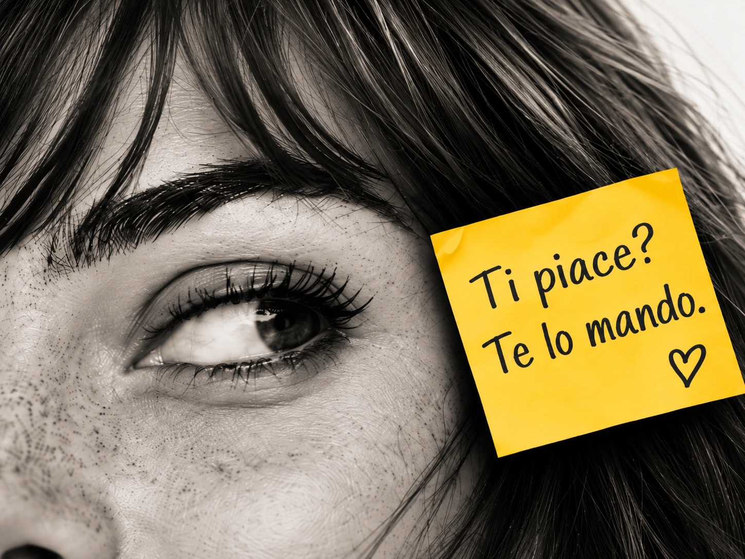 Close-up of a playful eye beside a yellow note reading “Ti piace? Te lo mando.”