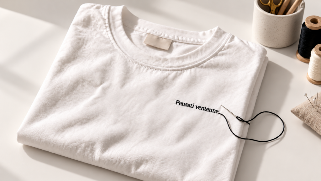 White T-shirt embroidered with “Pensati ventenne”